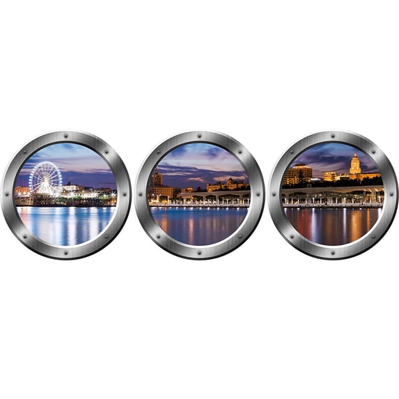 VWAQ 3D Window View Wall Sticker, London Skyline Cityscape Decal - Porthole Vinyl Stickers -SPW22 (Silver, 24" Diameter)