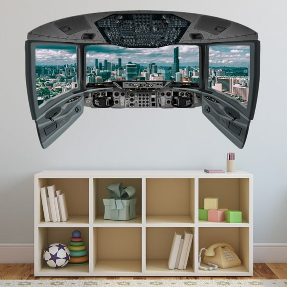 VWAQ Airplane Cockpit Wall Decal Mural | City Mural Wall Decal - CP23