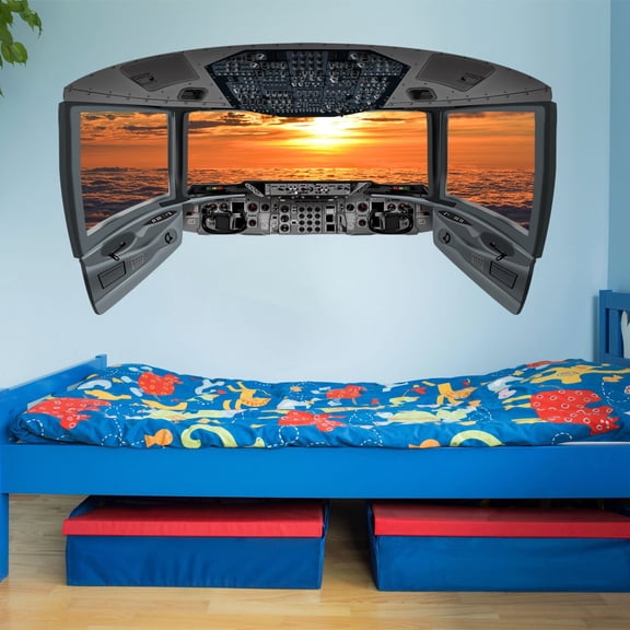 VWAQ Airplane Cockpit Wall Mural | Sunset Clouds Airplane Window Decal - CP2