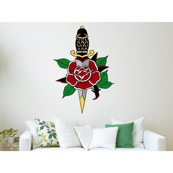 VWAQ American Traditional Dagger Decal Stickers - Tattoo Vinyl Wall Art Decor - AT1 (16" H X 11" W)