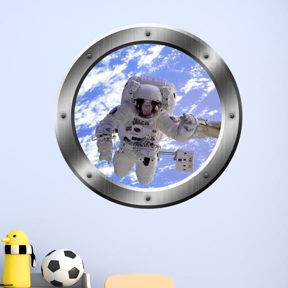 VWAQ Astronaut Wall Decals For Kids - 3D Outer Space Porthole Stickers For Wall, Spaceman Decal -PS15 (14" Diameter)