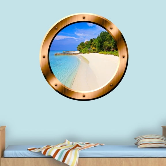 VWAQ Beach Porthole 3D Ocean View Wall Decal Peel And Stick Decor - BP36 (14" Diameter)
