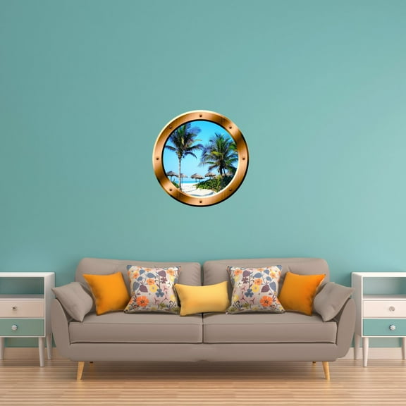 VWAQ Beach Scene Wall Decal Porthole Palm Trees Window Sticker Wall Art Peel And Stick Decor - BP14 (14" Diameter)