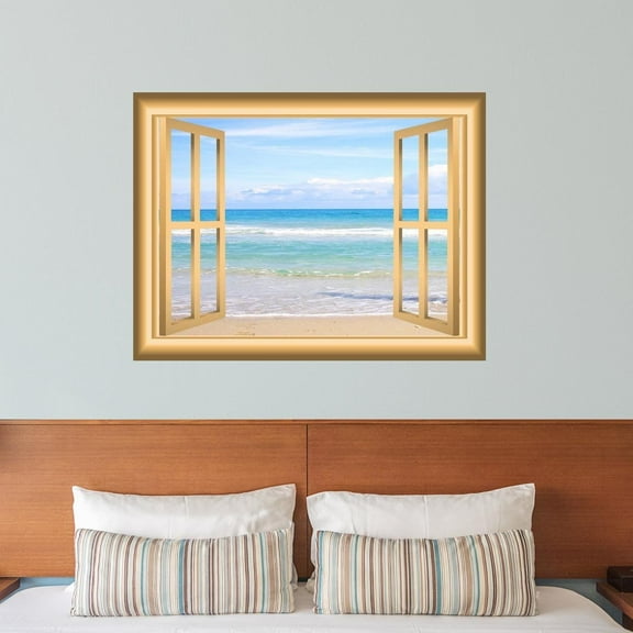 VWAQ Beach Scene Window Wall Decal Nature Bedroom Window Frame Wall Sticker Mural - NW3 (18"H X 22"W)
