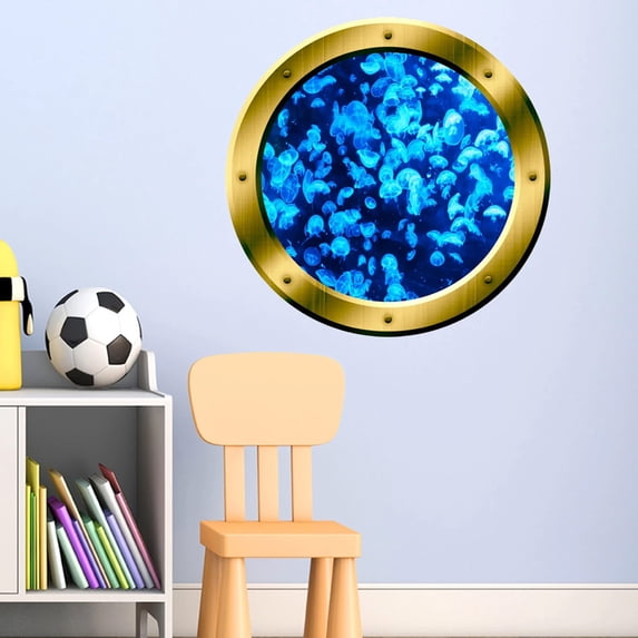 VWAQ Blue Jellyfish Wall Decal Porthole 3D Wall Sticker Undersea Wall Decals - GP28 (14" Diameter)