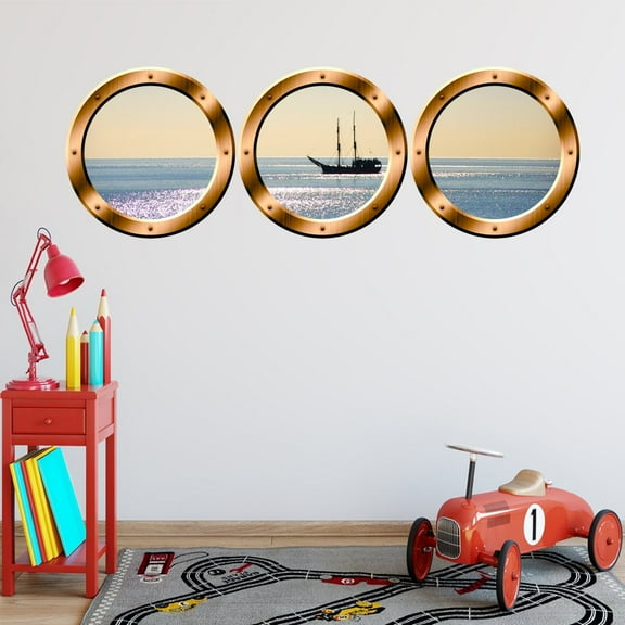 VWAQ Boat Window Decals - Portholes Decor, Ocean View Wall Mural - VWAQ-SPW6 (14" Diameter, Bronze)
