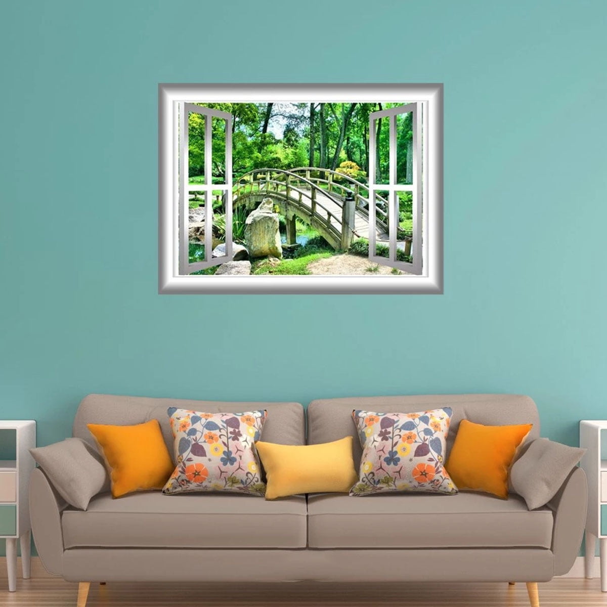 VWAQ Bridge Wall Decal 3D Forest Wall Cling Peel and Stick Window Mural ...