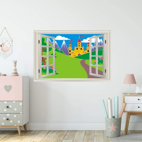VWAQ - Castle Window Decal Wall Sticker Kids Room 3D Mural Peel and Stick - NWT22 16"H X 24"W