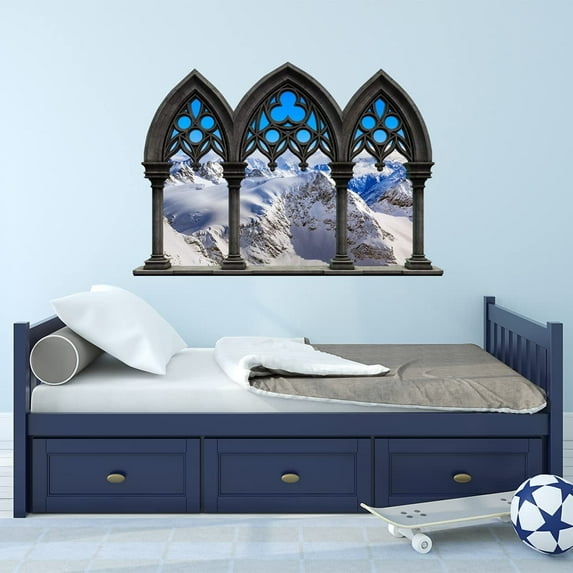 VWAQ - Castle Window Decals for Walls Snow Mountain Range Wall Mural Sticker - NWC17