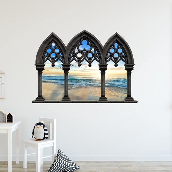 VWAQ - Castle Window Decals for Walls Sunset Beach Window Wall Decals 3D Window Decor - NWC20