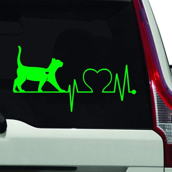 VWAQ Cat Lover Car Sticker - Vehicle Decal Pet Heart - Cat Silhouette Animal Vinyl - V1 (4.5"H X 8"W, Lime Green)