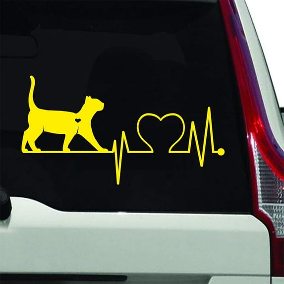 VWAQ Cat Lover Car Sticker - Vehicle Decal Pet Heart - Cat Silhouette Animal Vinyl - V1 (4.5"H X 8"W, Yellow)