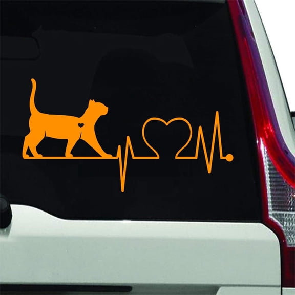 VWAQ Cat Lover Car Sticker - Vehicle Decal Pet Heart - Cat Silhouette Animal Vinyl - V1 (6"H X 11"W, Orange)