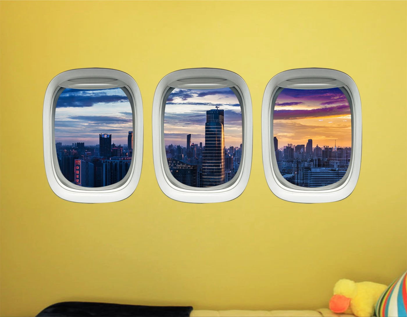 VWAQ Cityscape Window Decal - City Skyline Wall Mural - Airplane ...