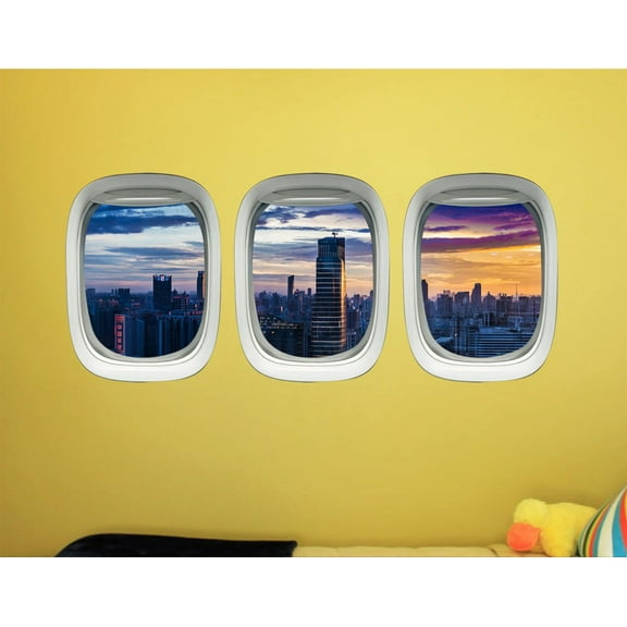 VWAQ Cityscape Window Decal - City Skyline Wall Mural - Airplane Sticker Decor -PPW42