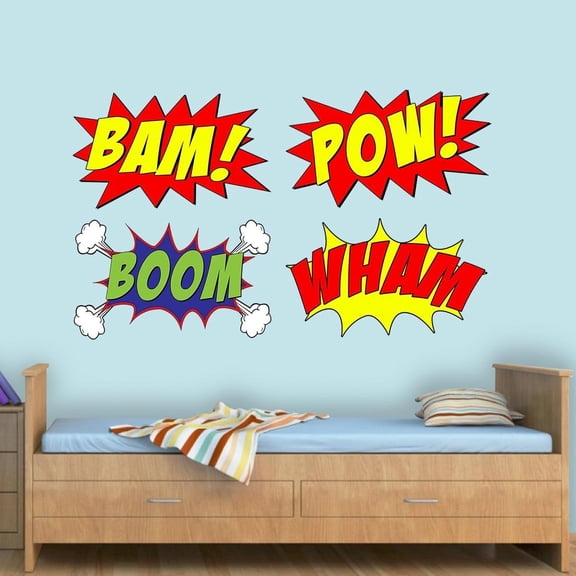 VWAQ Comic Book Set Of 4 Wall Decal Bam Pow Boom Wham Superhero Vinyl Wall Art Peel And Stick Kids Room Stickers - CB5 (10"H X 16"W)