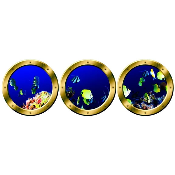 VWAQ Coral Reef Fish Decals, Submarine Portholes, Underwater Ocean Stickers -VWAQ-SPW18 (14" Diameter, Gold)