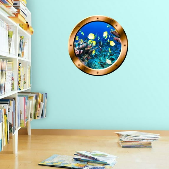 VWAQ Coral Reef Wall Decal School Of Fish Porthole Ocean Wall Sticker Mural - BP16 (14" Diameter)