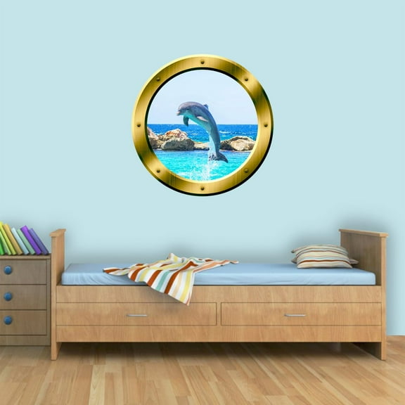 VWAQ Dolphin Porthole Porpoise Wall Decal 3D Sticker Dolphins Wall Decor - GP30 (20" Diameter)