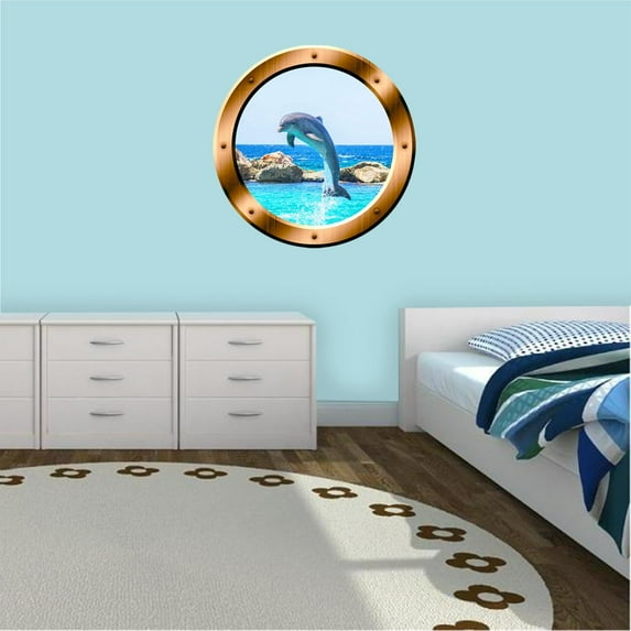 VWAQ Dolphin Porthole Wall Decal 3D Sticker Porpoise Wall Decor - BP30 (24" Diameter)