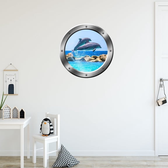 VWAQ Dolphin Wall Decal Dolphins Porthole 3D Wall Sticker Porpoise Decor - SP27 (14" Diameter)
