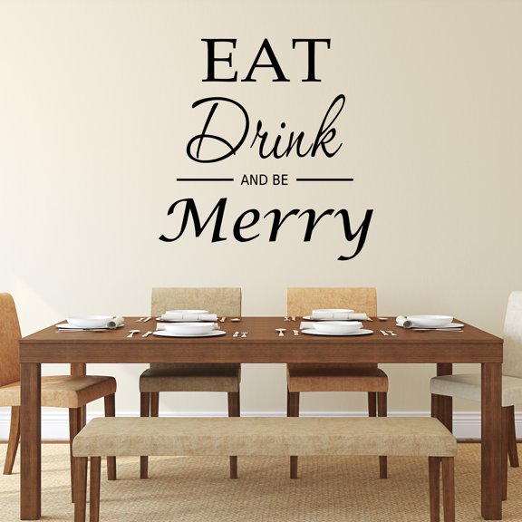 VWAQ Eat Drink And Be Merry, Kitchen Wall Words And Quotes Wall Decor Decals (22"H x 22"W BLK)