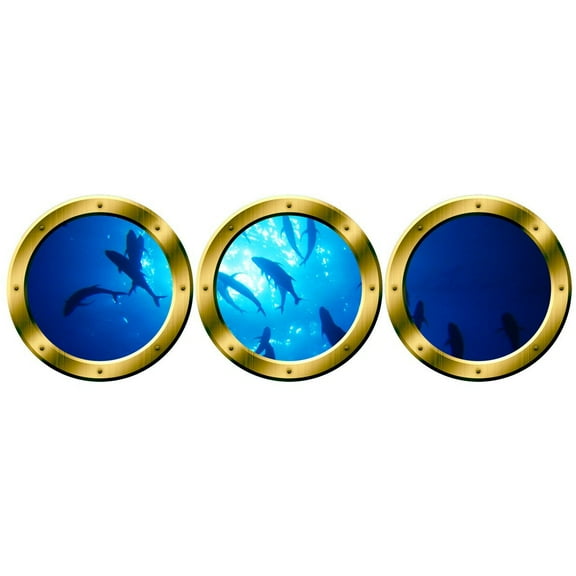 VWAQ Fish Decals, Submarine Portholes - Underwater Ocean Animals Decor - VWAQ-SPW17 (20" Diameter, Gold)