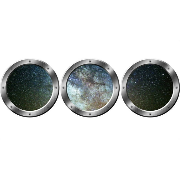 VWAQ Galaxy Porthole, 3D Space Window Wall Stickers, Space Ship Window View Decals -SPW29 (Silver, 24" Diameter)