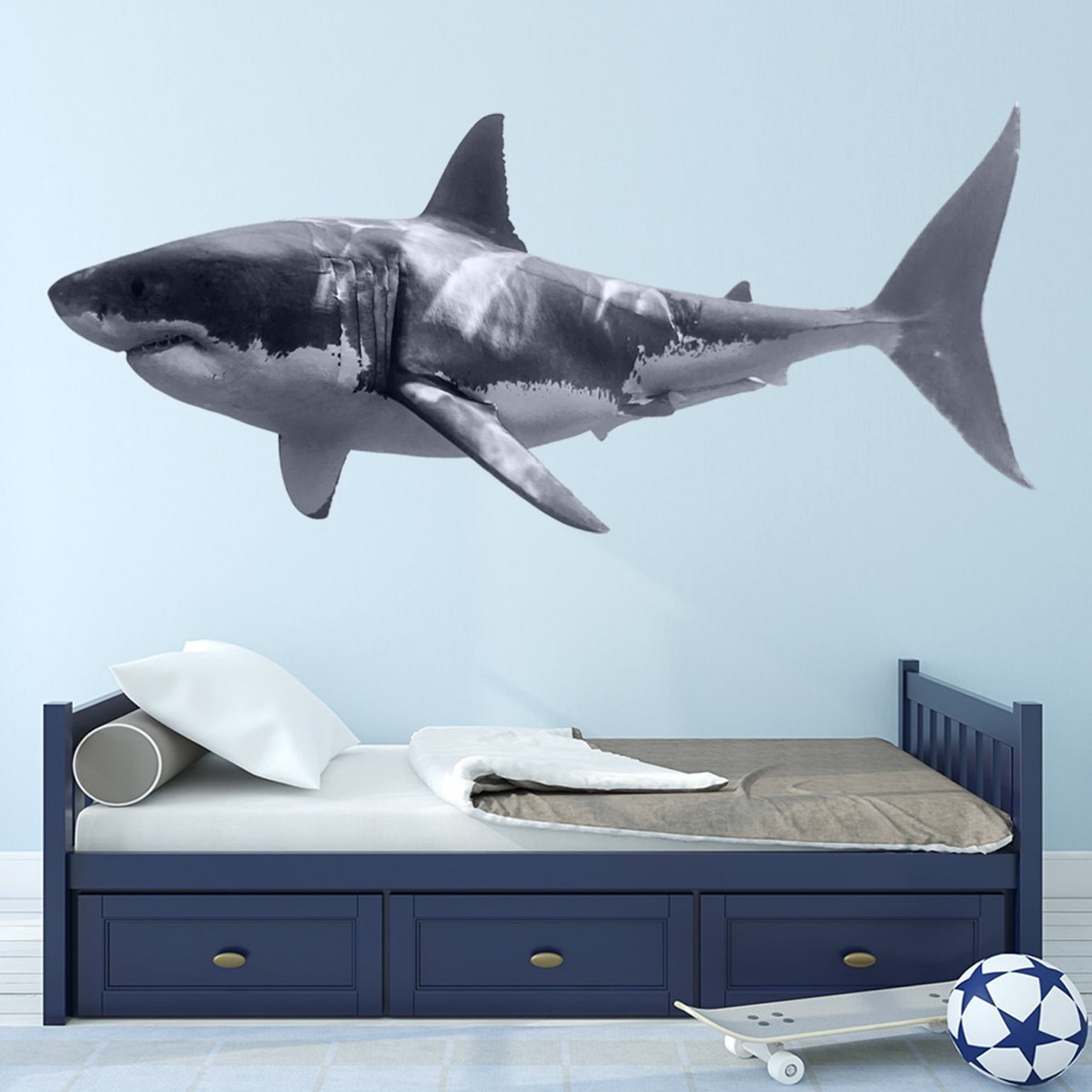 VWAQ Great White Shark Wall Decal Realistic Shark Stickers Peel And Stick Mural VWAQ-PAS3 (20"H X 48"W)