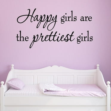VWAQ Happy Girls are the Prettiest Girls Wall Art Decal Quotes Sayings (11"H X 22"W Black)