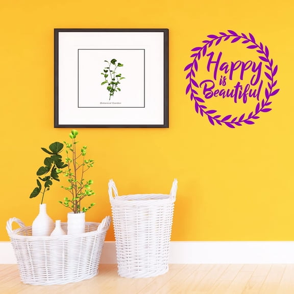 VWAQ Happy is Beautiful Vinyl Wall Decal Motivational Quote Uplifting Wreath Vinyl Sticker