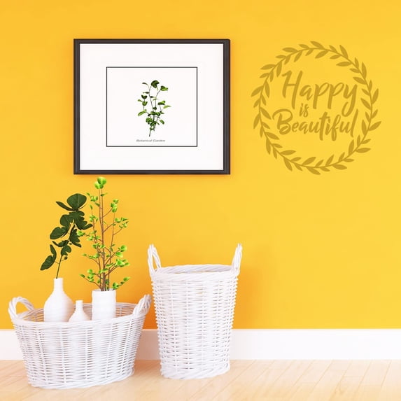 VWAQ Happy is Beautiful Vinyl Wall Decal Motivational Quote Uplifting Wreath Vinyl Sticker
