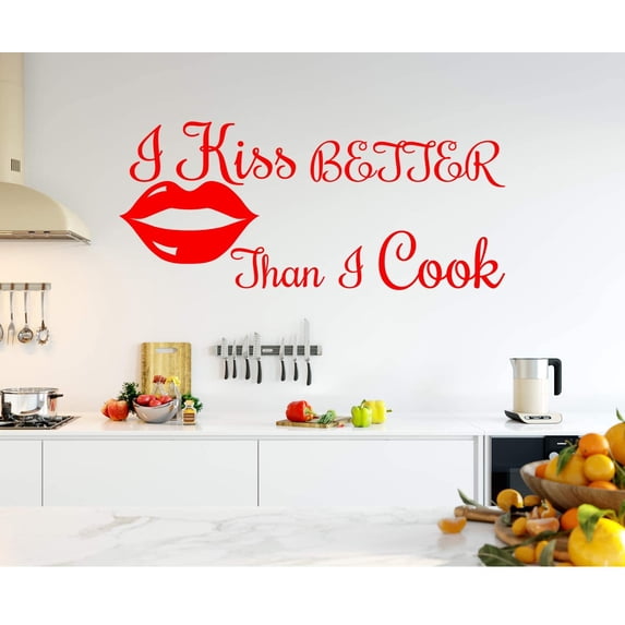 VWAQ I Kiss Better Than I Cook Wall Art Decal Cooking Sticker Funny Kitchen Quotes Culinary Decor