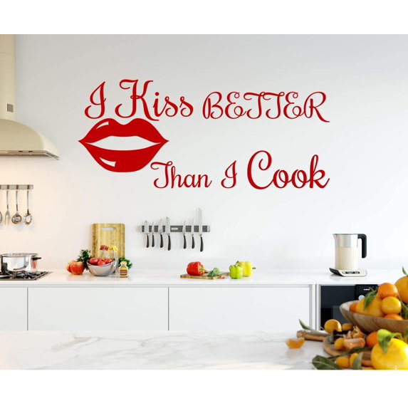VWAQ I Kiss Better Than I Cook Wall Art Decal Cooking Sticker Funny Kitchen Quotes Culinary Decor