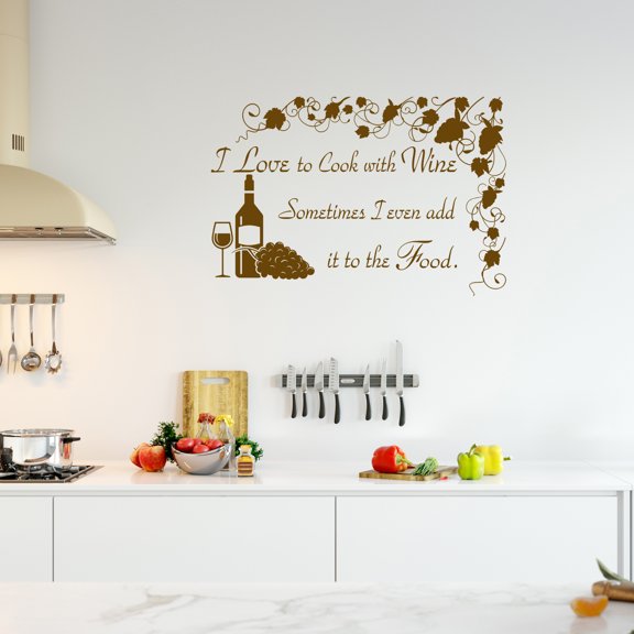VWAQ I Love to Cook with Wine Wall Decal Sign - Funny Kitchen Quotes Decor