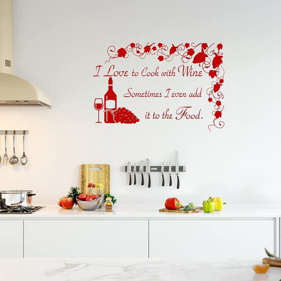VWAQ I Love to Cook with Wine Wall Decal Sign - Funny Kitchen Quotes Decor