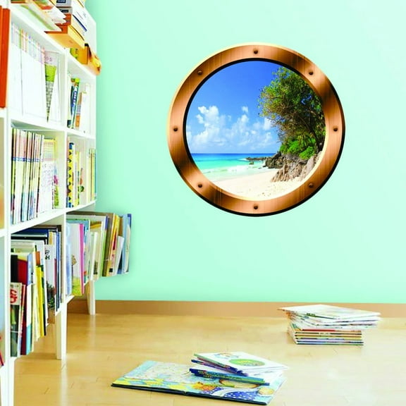 VWAQ Island Wall Decal Beach View Wall Art 3D Porthole Peel And Stick Mural - BP35 (20" Diameter)
