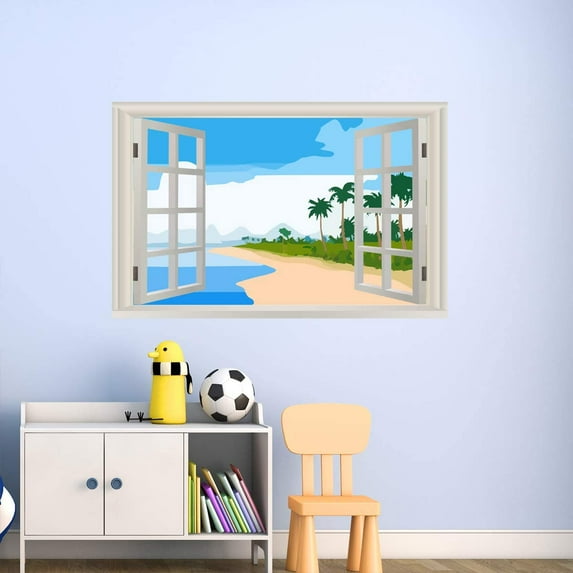 VWAQ - Kids Beach Window Wall Decal Sticker Ocean Mural Peel and Stick 3D - NWT21 22"H X 33"W