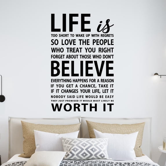 VWAQ Life Is Too Short To Wake Up With Regrets Vinyl Wall Decal Inspirational Quotes -18092 (30" H X 22" W)