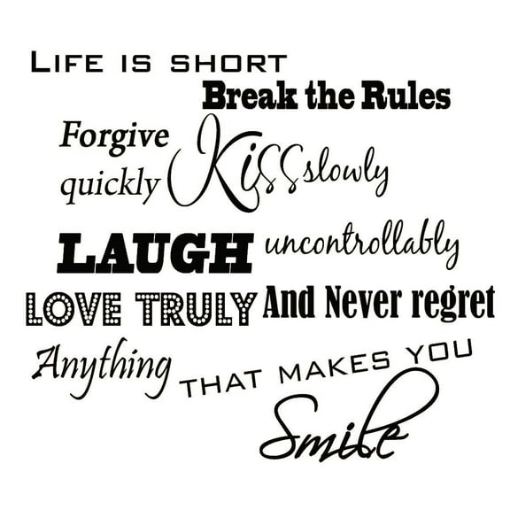VWAQ Life is Short, Break the Rules, Forgive Quickly, Kiss Slowly Inspirational Vinyl Wall Decals Home Decor Saying Vinyl Lettering