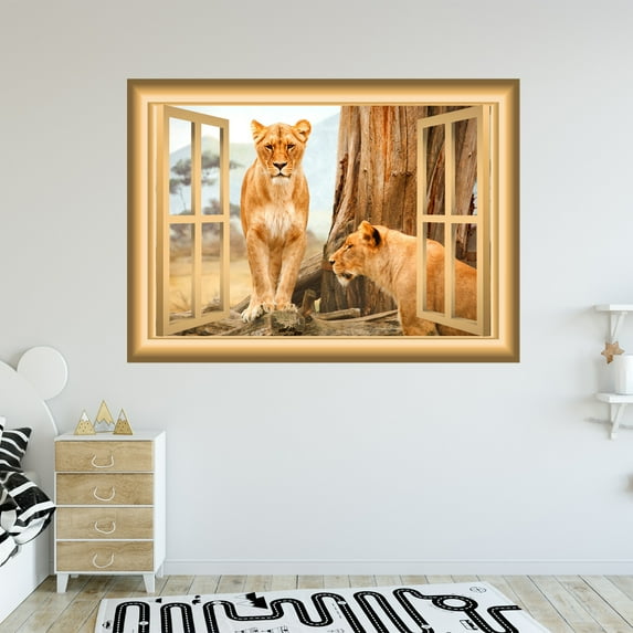 VWAQ Lioness Wall Decal 3D Animal Window Peel and Stick Mural - NW38 (18"H X 22"W)