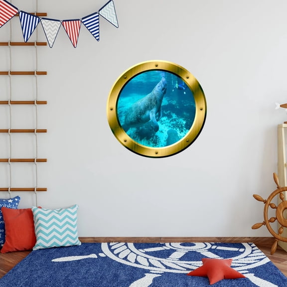 VWAQ Manatee Wall Decal Sea Cow Porthole 3D Wall Sticker Sea Animal Decor - GP25 (14" Diameter)