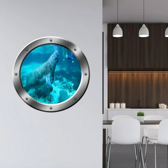VWAQ Manatee Wall Decal Sea Cow Porthole 3D Wall Sticker Sea Animal Decor VWAQ-SP25 (20" Diameter)