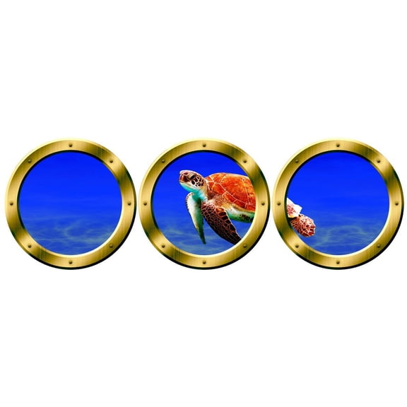 VWAQ Ocean Porthole - Sea Turtle Animals Wall Stickers, Submarine Window Decal -VWAQ-SPW20 (14" Diameter, Gold)
