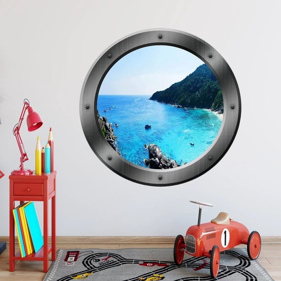 VWAQ Ocean Porthole Wall Decal Nature Sea View Window Sticker Peel and Stick Mural PO7