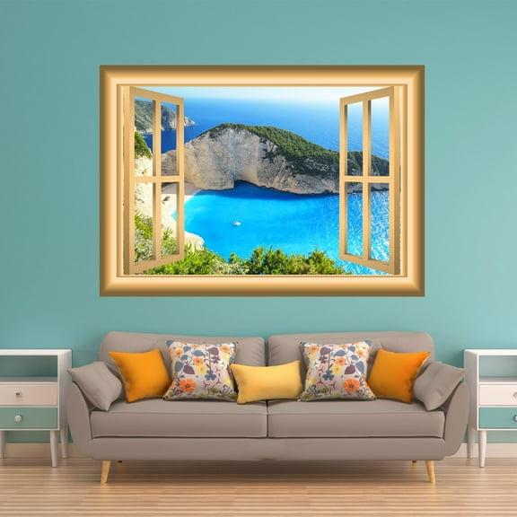 VWAQ Ocean View Wall Decal Window Frame Nature Scene Wall Decal Peel and Stick Mural - NW4 (18"H x 22"W)