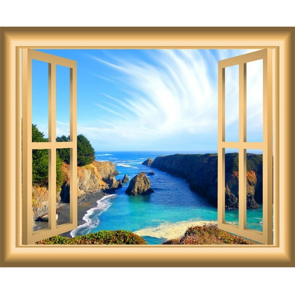 VWAQ Ocean Window 3D Wall Decal Seaside Decor Peel and Stick Mural VWAQ-NW33 (24"H X 30"W)