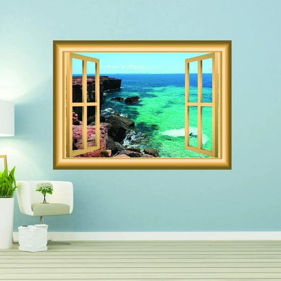 VWAQ Ocean Window Decal Nature Decor Bedroom Wall Sticker Peel and Stick Mural NW2 (18"H X 22"W)