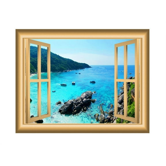 VWAQ Ocean Window Wall Decal Nature Decor Bedroom Sticker Peel and Stick Mural NW1 (24"H X 30"W)