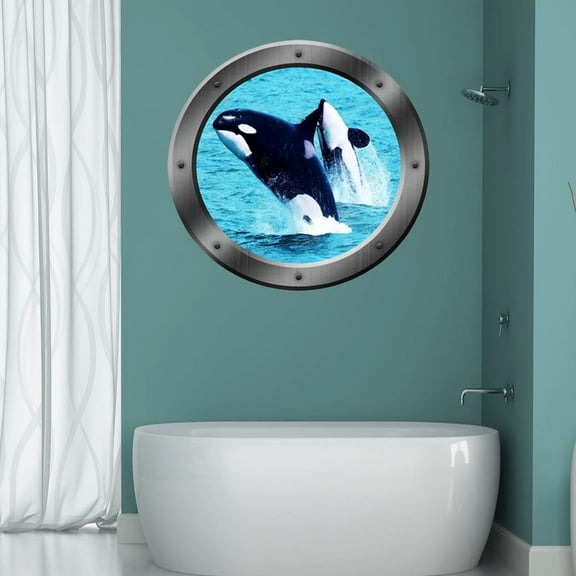 VWAQ Orca Whale Ocean Porthole Wall Decal Killer Whale Sticker Peel and Stick Wall Mural - PO13 (14"H x 14"W)